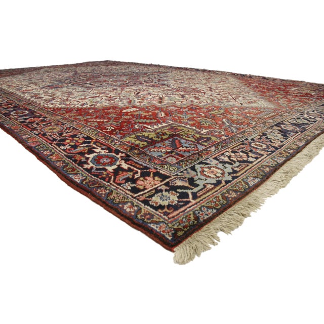 77175 Antique Heriz Persian Hotel Lobby Size Rug with Federal and American Colonial Style. Traditional and regal with...