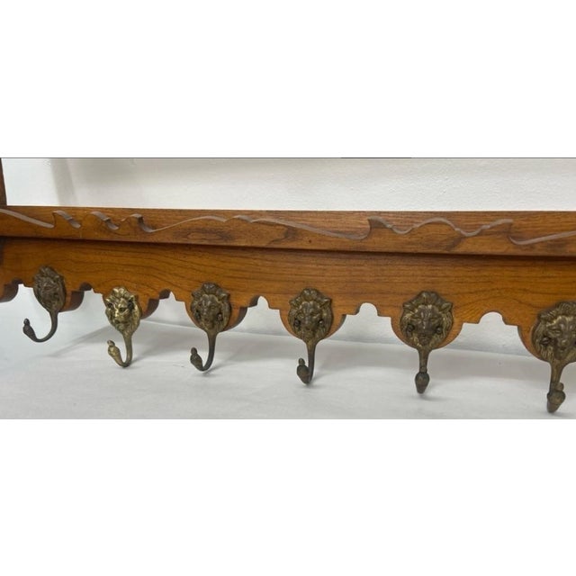 Arts & Crafts Oak Wall-Mounted Coat & Hat Rack With Lion Mask Hooks For Sale - Image 4 of 5