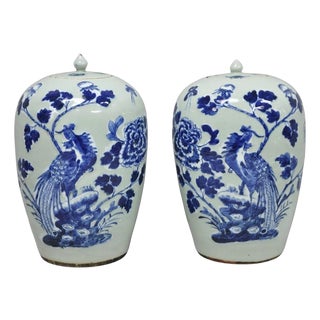 Antique Chinese Phoenix Bird Celadon Green Porcelain Covered Ginger Jar - Pair For Sale