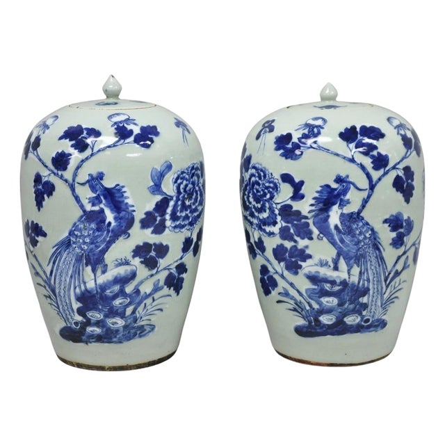 Antique Chinese Phoenix Bird Celadon Green Porcelain Covered Ginger Jar - Pair For Sale