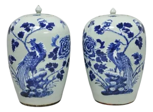 Antique Chinese Phoenix Bird Celadon Green Porcelain Covered Ginger Jar - Pair