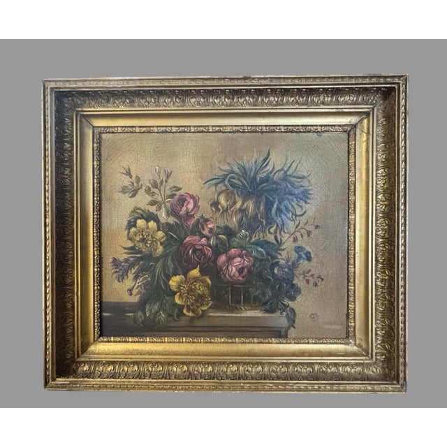 Antique Oil Painting Floral Still Life Roses Flowers Monogrammed Gilt Frame For Sale - Image 9 of 10