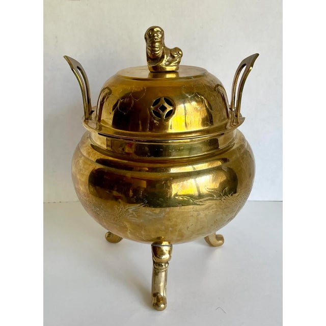 Vintage Asian Brass Incense Burner With Dragon Etchings For Sale - Image 13 of 13