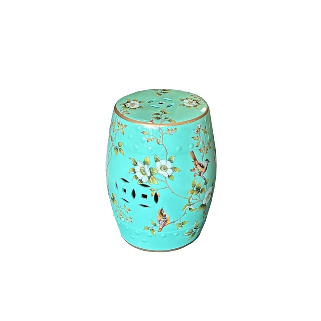 Turquoise Blue Porcelain Flower Birds Round Barrel Stool Table For Sale - Image 10 of 10