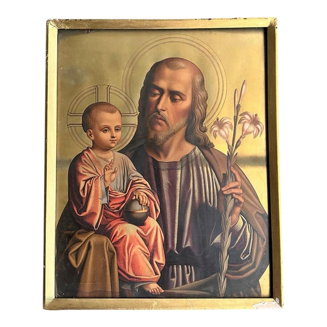 Antique Saint Joseph & Infant Jesus Chromolithograph, Original Nailed Wood Frame, Religious Art For Sale