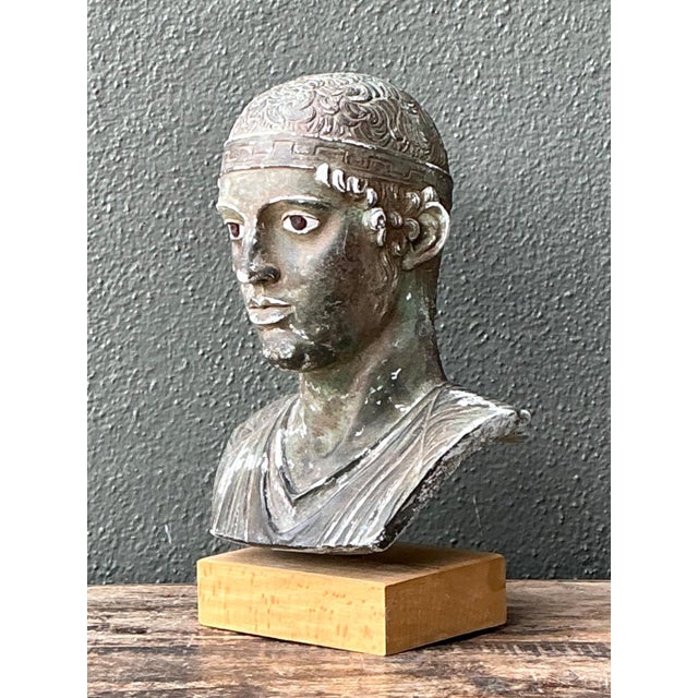 Verdigris Vintage Classical Greek Style Plaster Bust For Sale - Image 8 of 12