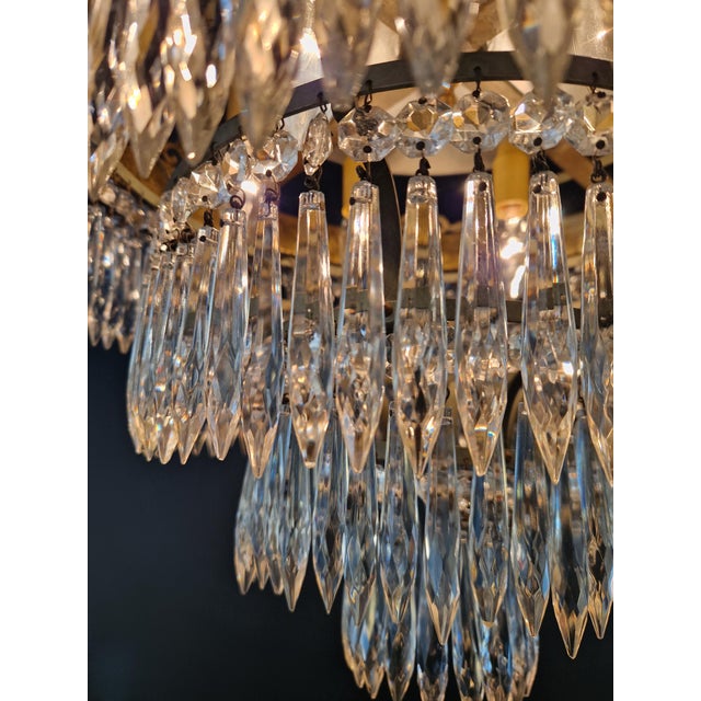 Antique Art Deco Neoclassical Brass and Crystal Chandelier Plafonnier Ceiling For Sale - Image 9 of 9