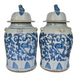 Contemporary Large Chinoiserie Blue and White Scroll and Leaf Ginger Jars- a Pair For Sale