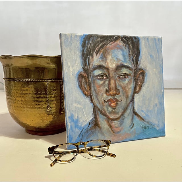 Vintage 1990’s Portrait of a Young Man in Blue For Sale In Atlanta - Image 6 of 6