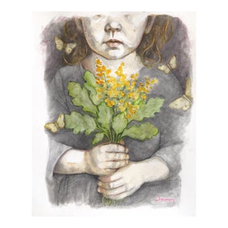 Fields Brushed With Gold - Original Poetic Figurative Surrealist Watercolor and Graphite Painting For Sale