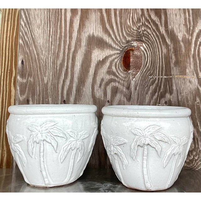 Coastal Vintage Glazed Terra Cotta Palm Tree Planters - a Pair For Sale - Image 3 of 8