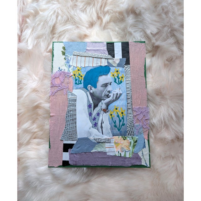 8.5" x 11" A mixed-media collage featuring Johnny Cash with blue hair, adorned in a maximalist style with colorful floral...