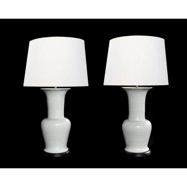 Chinese Imposing Pair Chinese Off-White Glazed Ceramic Baluster Form Lamps For Sale - Image 3 of 14