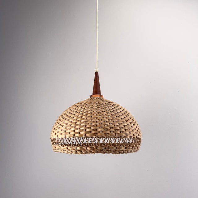 Vintage Pendant Lamp with Rattan Shade and Teak Applications, 1960s For Sale - Image 9 of 9
