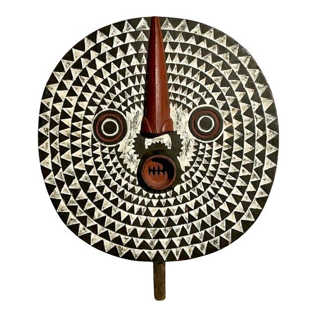 Vintage Tribal Geometric Painted Wood Shield For Sale