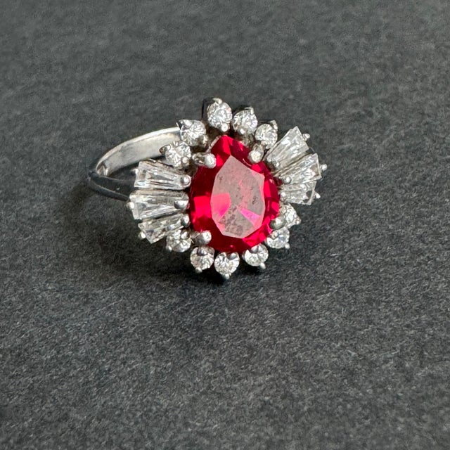 Metal Vintage Faux Ruby Cocktail Ring Pear Baguette Sterling Silver Cubic Zirconia Halo Cluster Size 8 For Sale - Image 7 of 11