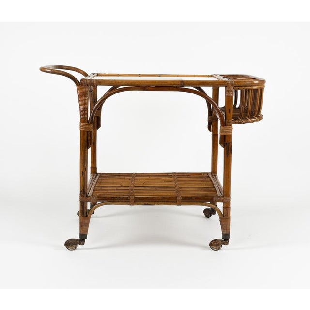 Mid-Century Bamboo, Rattan and Glass Serving Bar Cart in the style of Franco Albini, Italy, 1960s For Sale - Image 11 of 18