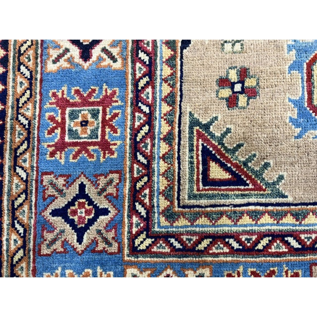 Beige Persian Style Kazak Wool Rug With Blue Border, 4'2" X 5'10" For Sale - Image 11 of 14