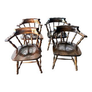 Ethan Allen Dark Antiqued Pine ‘Old Tavern’ Dining Chairs - Set of 4 - Vintage 1980s For Sale