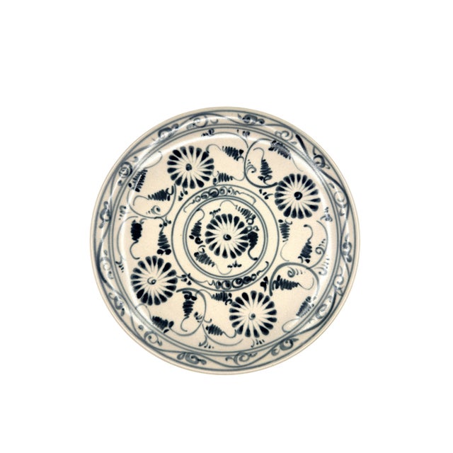 2020s Set of 5 Bat Trang Vietnamese Ceramic Dessert Plates With Hand Painted Blue Floral Motifs For Sale - Image 5 of 10