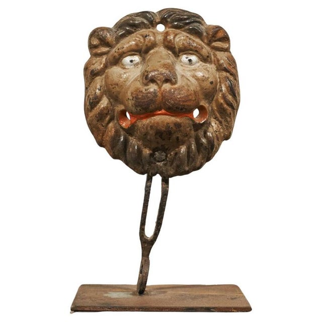 Antique Lions Head in Polychrome and Cast Iron on Stand, 1890s For Sale - Image 11 of 11