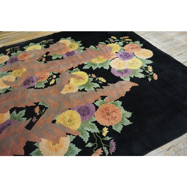 Fantabulous Multicolored Big Roses in a Black Ground Color Chinese Art Deco Rug by Nichols Workshop For Sale In New York - Image 6 of 12