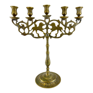Ornate Vintage Brass Five-Arm Candelabra With Stylized Lions and Hand-Etched Detail