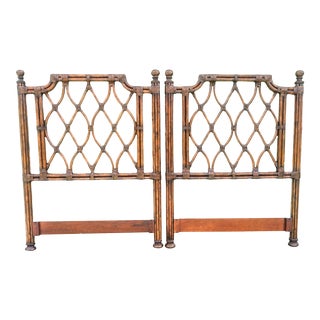 Vintage Bamboo Chinese Chippendale Dark Stained Twin Size Headboard- a Pair For Sale