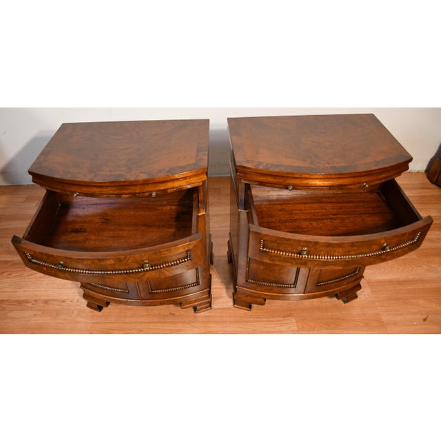 Brown 1930 Pair of English Regency Burl Walnut Nightstands / Bedside Tables / Commodes For Sale - Image 8 of 18