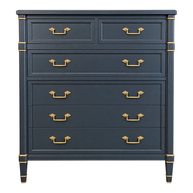 Vintage “By Drexel” Solid Wood Highboy Dresser | Charcoal Blue & Gold For Sale