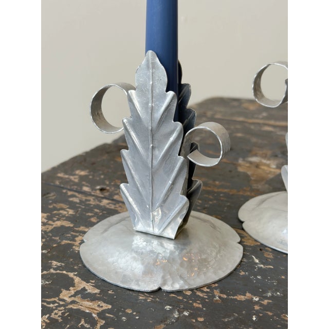 1940s Vintage Handmade Hammered Aluminum Leaf Motif Candleholders, a Pair, Circa 1940s For Sale - Image 5 of 12