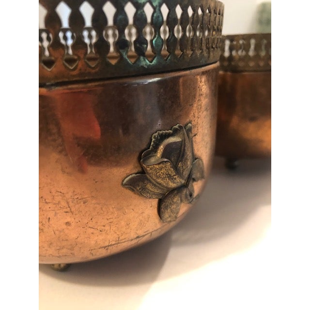 Metal 1940s Copper Brass Reticulated Footed Planters With Rose - A Pair For Sale - Image 7 of 18