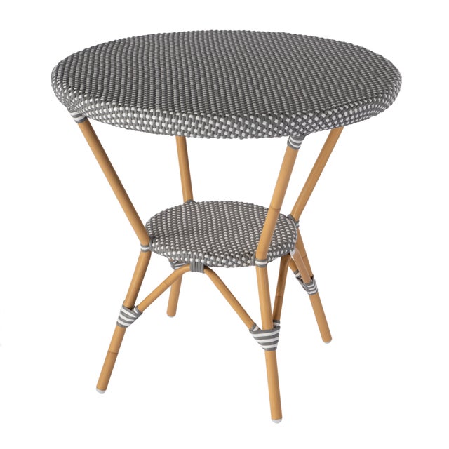 Tobias 30 in. W Outdoor Round Rattan and Metal Bistro Table, Gray/White Dot / Natural Rattan Frame For Sale - Image 9 of 9