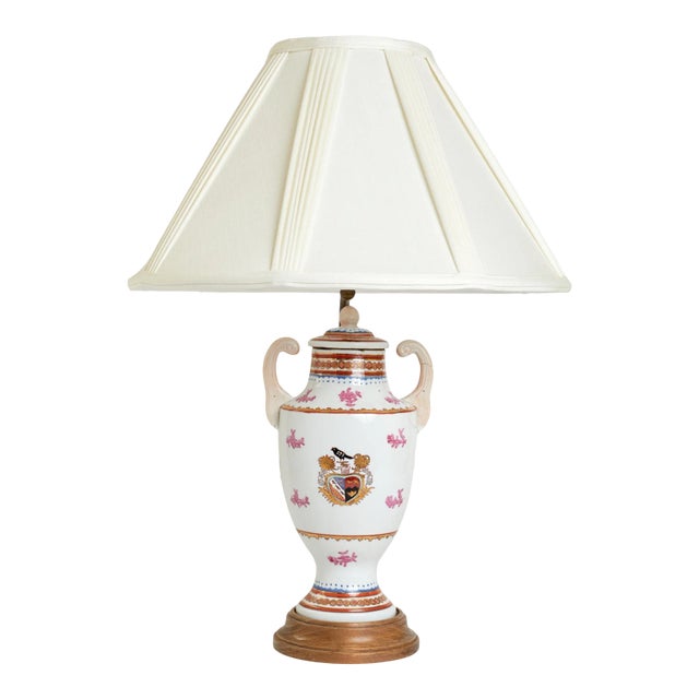 Mid 19th Century Red on White Painted Crest Porcelain Lamp With Shade For Sale