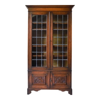 Antique English Oak Leaded Glass Bookcase, Cabinet For Sale