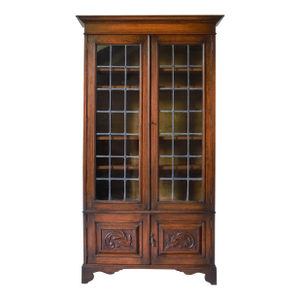 Antique English Oak Leaded Glass Bookcase, Cabinet