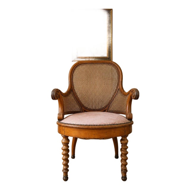 Antique Victorian Cane Back Armchair With Carved Wood Frame and Upholstered Seat For Sale