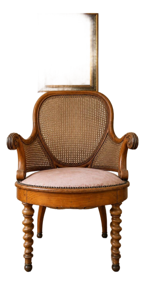 Antique Victorian Cane Back Armchair With Carved Wood Frame and Upholstered Seat