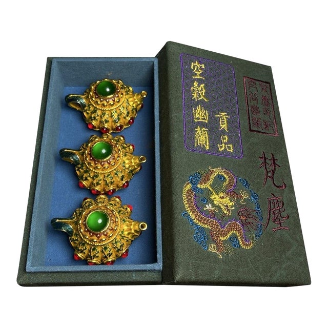 Late 19th Century Set of 3 Gilt Bronze Miniature Teapots With Gemstones and Box For Sale