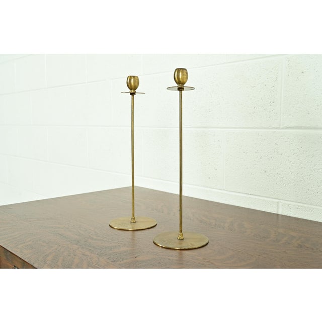 A gorgeous pair of antique Arts & Crafts period tall turned brass candlesticks In the manner of Robert Jarvie USA, Early...
