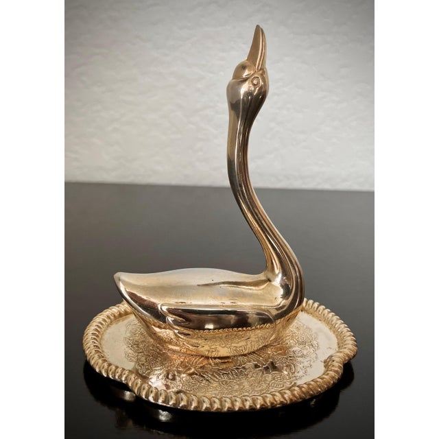 Diminutive Mid 20th-Century Brass Swan on a Dish Ring Holder, Hong Kong For Sale - Image 16 of 17