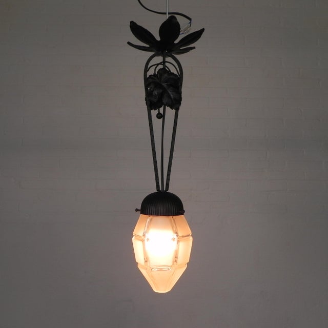 Metal Art Deco Pendant Lamp with Hexagonal Glass Shade, 1930s For Sale - Image 7 of 16