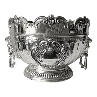 Vintage Mid Century Silver Plate Monteith Lion Head Rose Bowl Vase W/Flower Frog For Sale