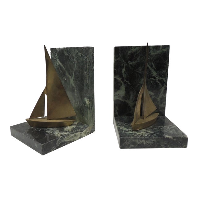 MCM Vintage Brass Sailing Boats and Green Marble Bookends - A Pair For Sale