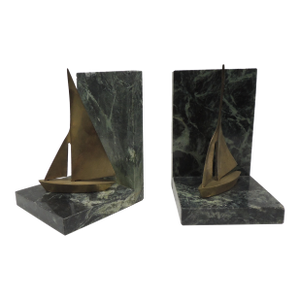 MCM Vintage Brass Sailing Boats and Green Marble Bookends - A Pair