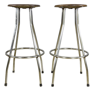 Industrial Stools in Tubular Steel and Plywood Seat, 1960s, Set of 2