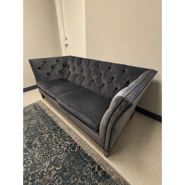 Modern Ethan Allen Blue/Gray Tufted Shelton Sofa With Nailhead Trim For Sale - Image 3 of 12