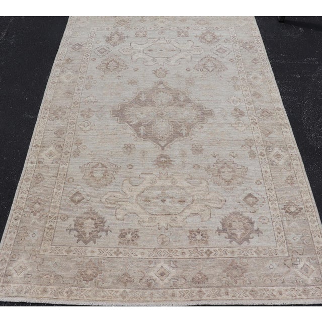 Early 21st Century Modern Oushak Rug With Lt Blue Field and Warm Brown Medallion Design 4'11 X 7'8 For Sale - Image 5 of 12