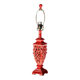 Decorative Red Carved Openwork Table Lamp Base, 28" For Sale