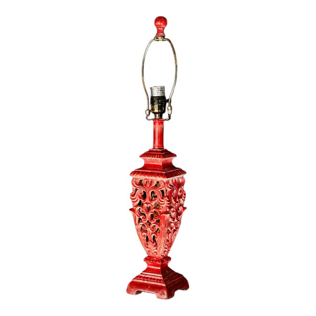 Decorative Red Carved Openwork Table Lamp Base, 28" For Sale